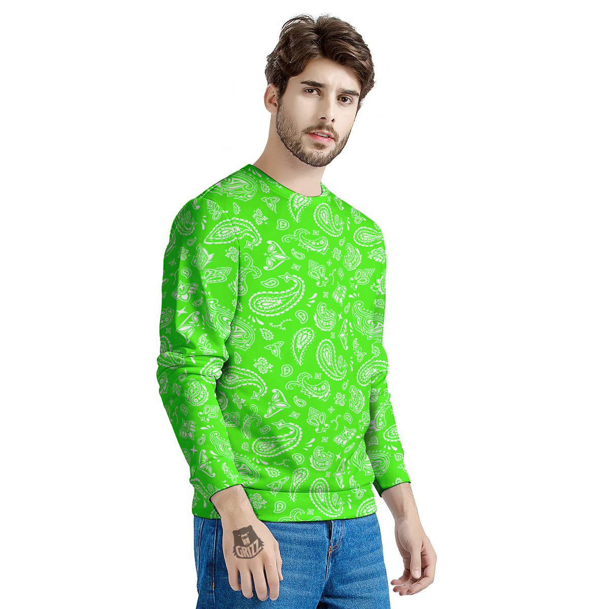 Green Neon Paisley Bandana Print Men's Sweatshirt-grizzshop