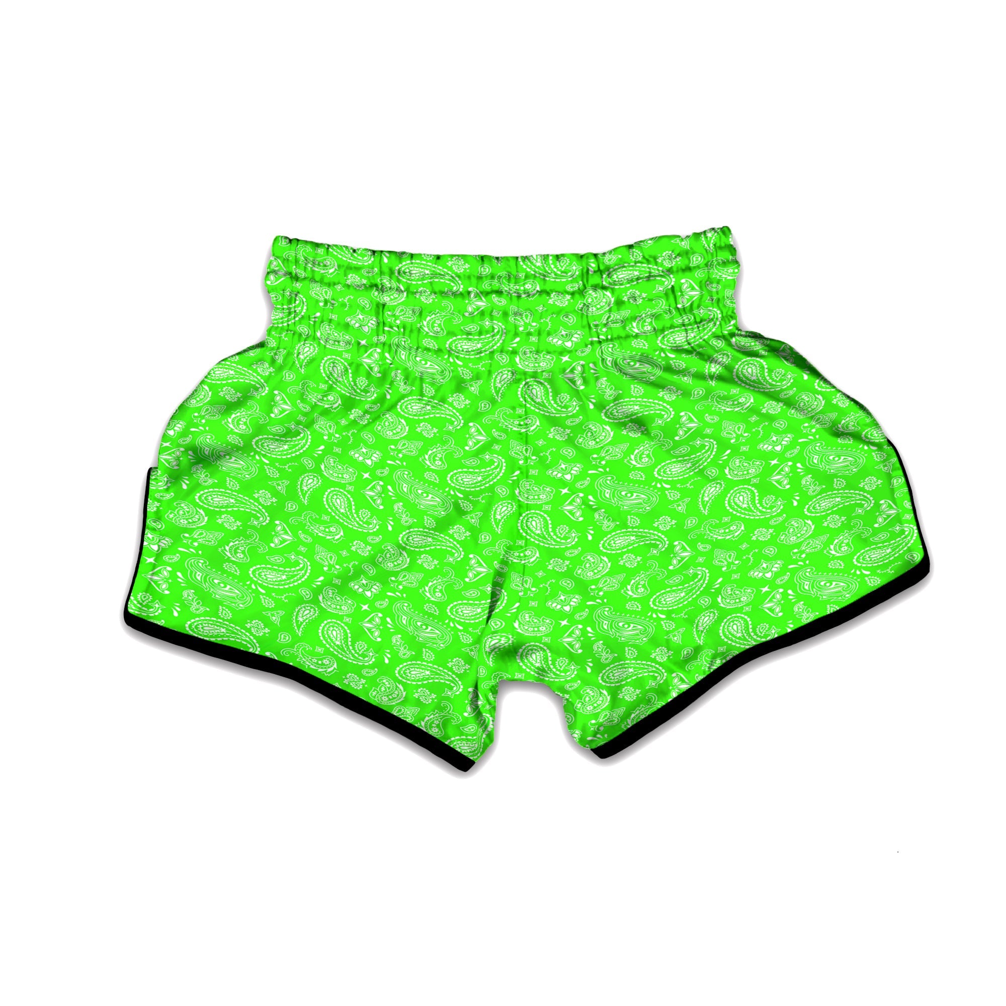 Green Neon Paisley Bandana Print Muay Thai Boxing Shorts-grizzshop