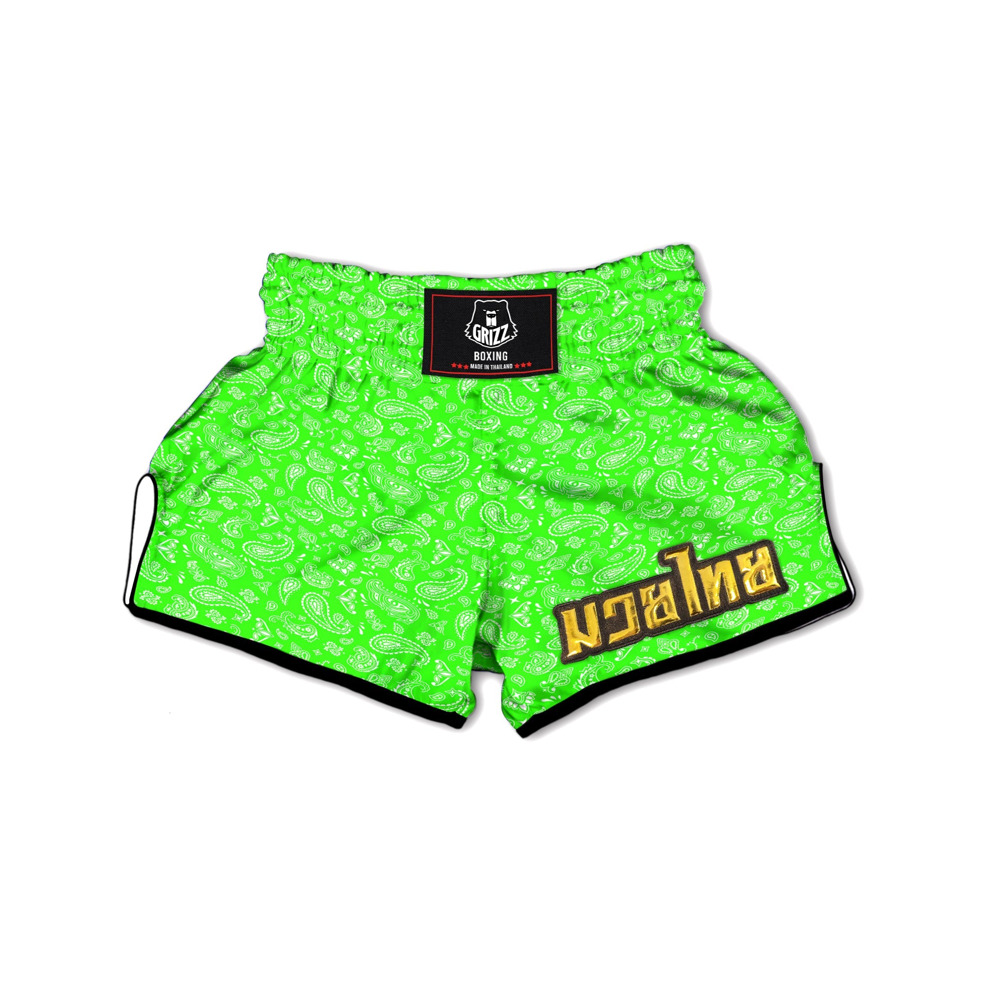 Green Neon Paisley Bandana Print Muay Thai Boxing Shorts-grizzshop