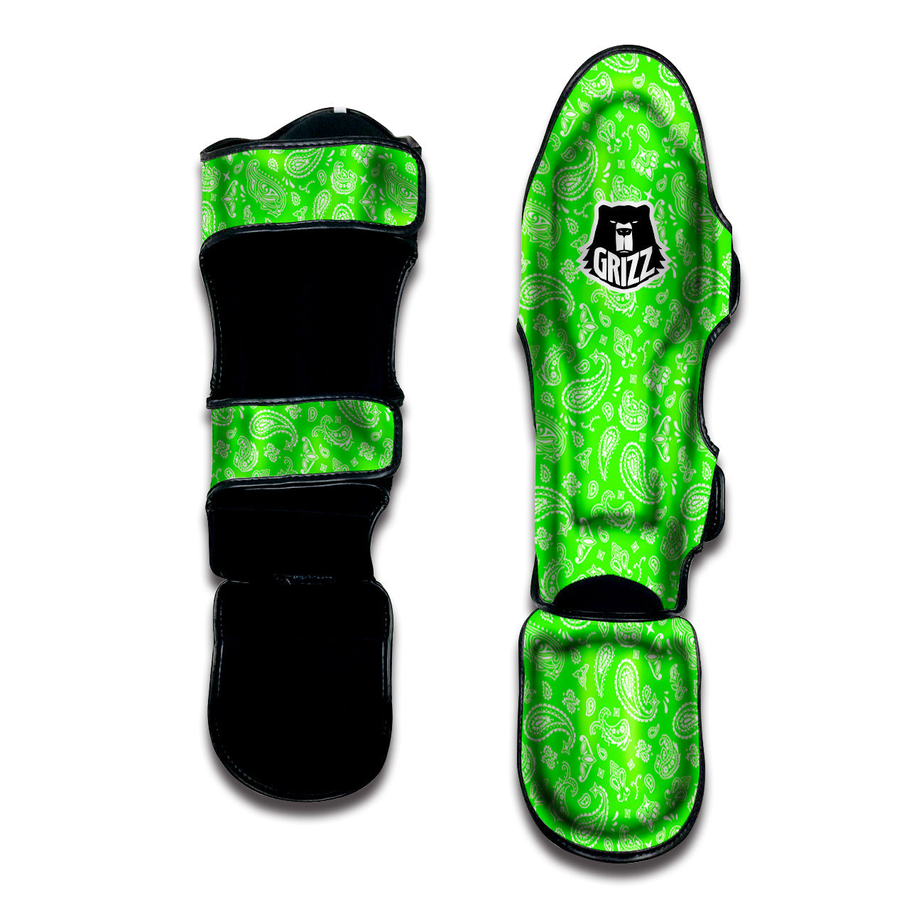 Green Neon Paisley Bandana Print Muay Thai Shin Guards-grizzshop