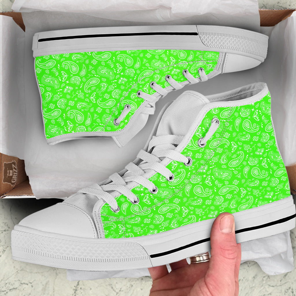 Green Neon Paisley Bandana Print White High Top Shoes-grizzshop