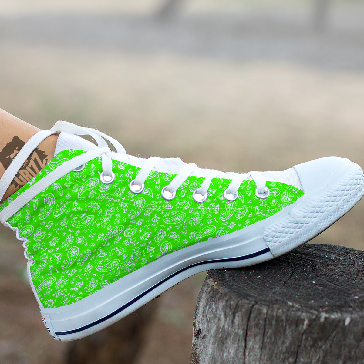 Green Neon Paisley Bandana Print White High Top Shoes-grizzshop