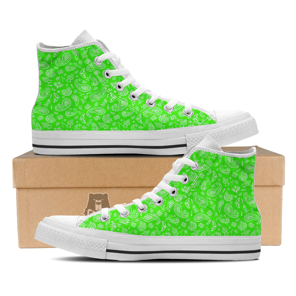 Green Neon Paisley Bandana Print White High Top Shoes-grizzshop