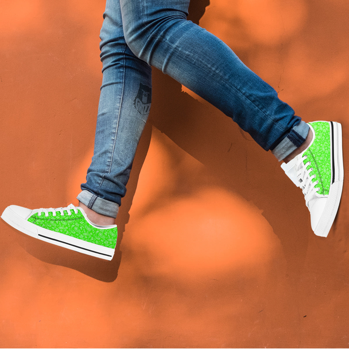 Green Neon Paisley Bandana Print White Low Top Shoes-grizzshop