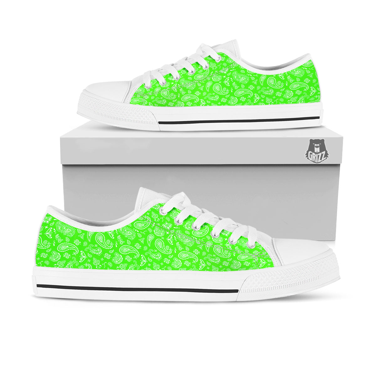 Green Neon Paisley Bandana Print White Low Top Shoes-grizzshop