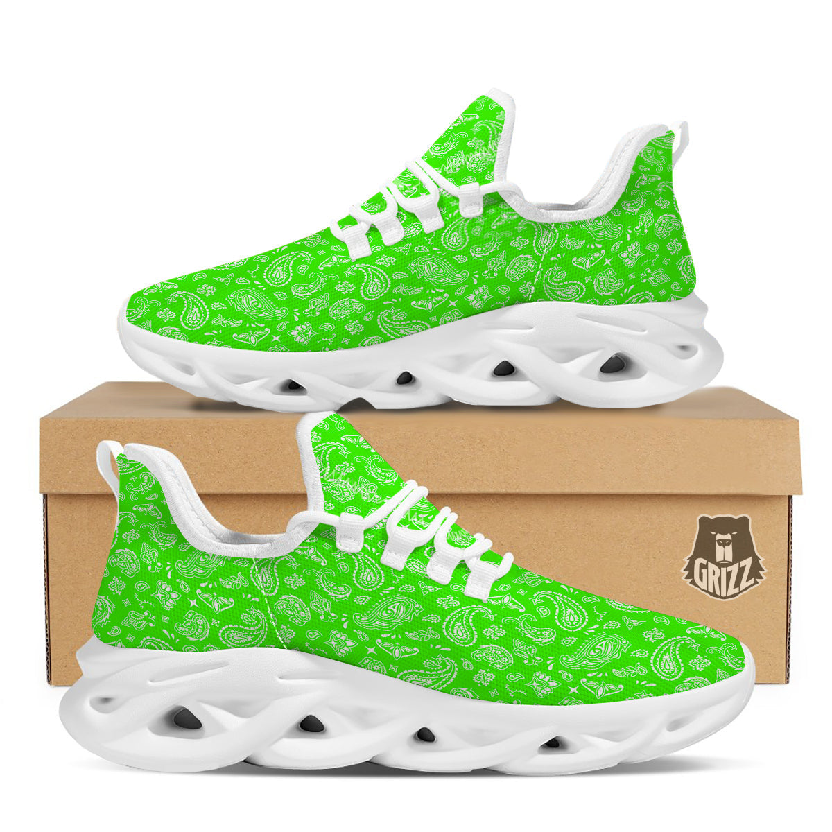 Green Neon Paisley Bandana Print White Running Shoes-grizzshop