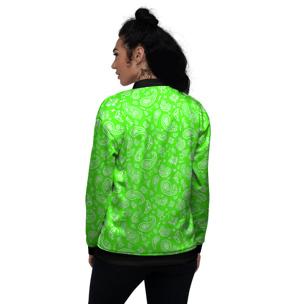 Green Neon Paisley Bandana Print Women's Bomber Jacket-grizzshop