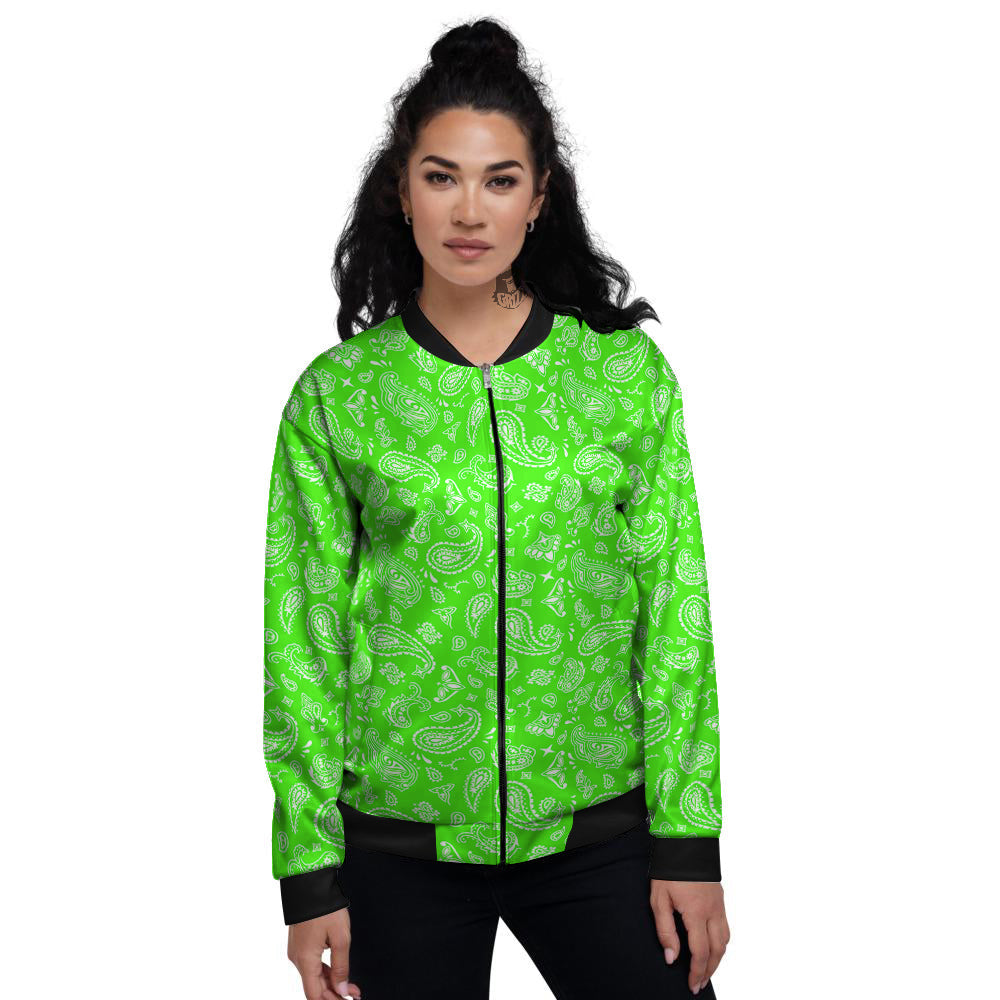 Green Neon Paisley Bandana Print Women's Bomber Jacket-grizzshop