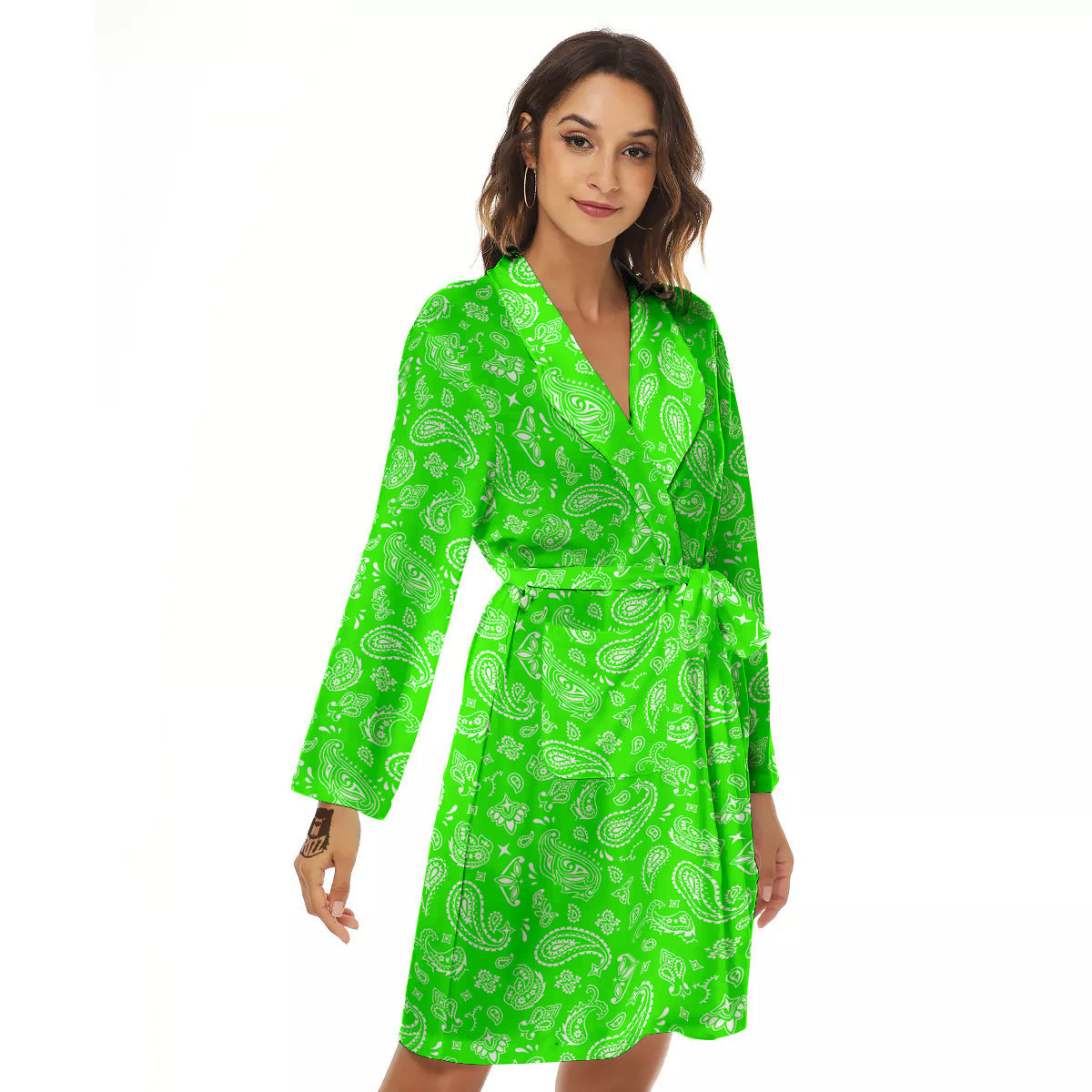 Green Neon Paisley Bandana Print Women's Robe-grizzshop