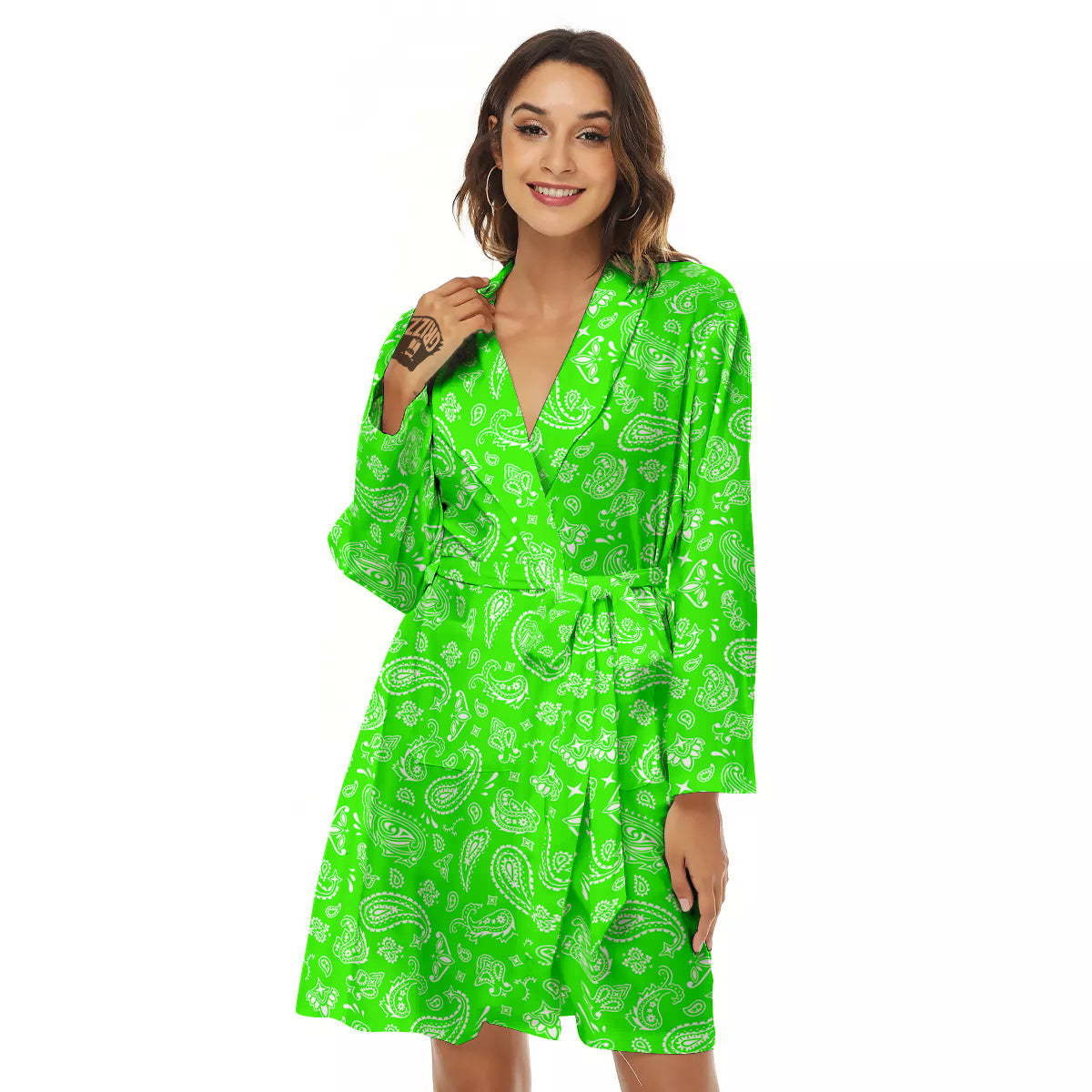 Green Neon Paisley Bandana Print Women's Robe-grizzshop