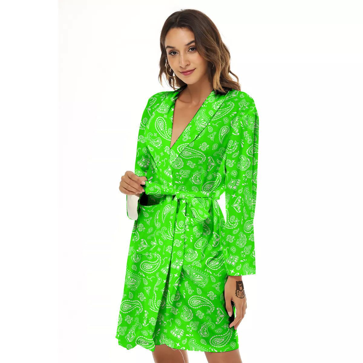 Green Neon Paisley Bandana Print Women's Robe-grizzshop