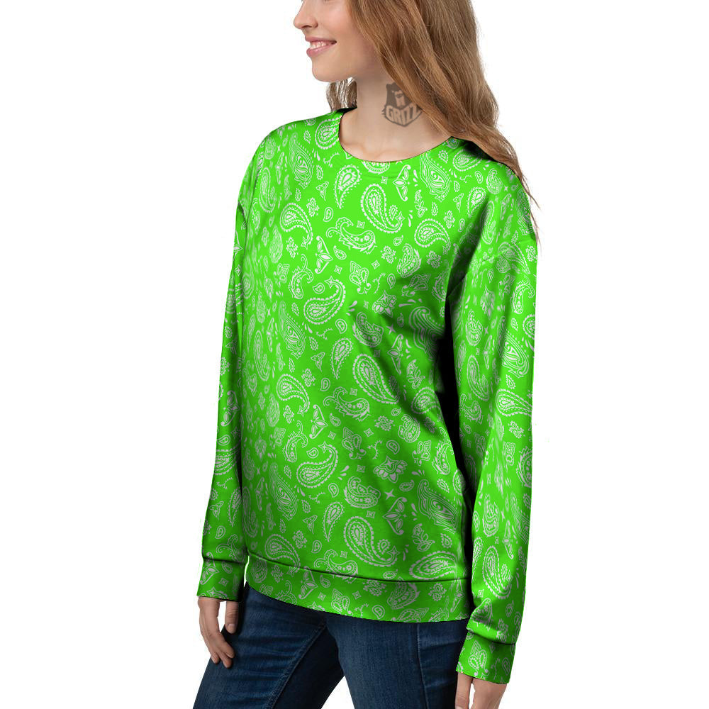 Green Neon Paisley Bandana Print Women's Sweatshirt-grizzshop