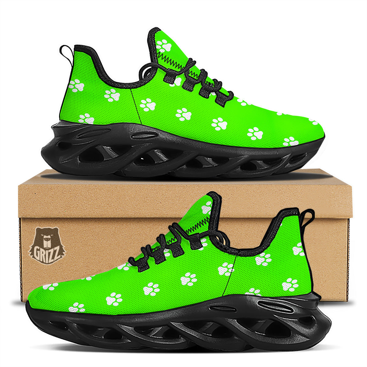 Green Neon Paw Print Black Running Shoes-grizzshop