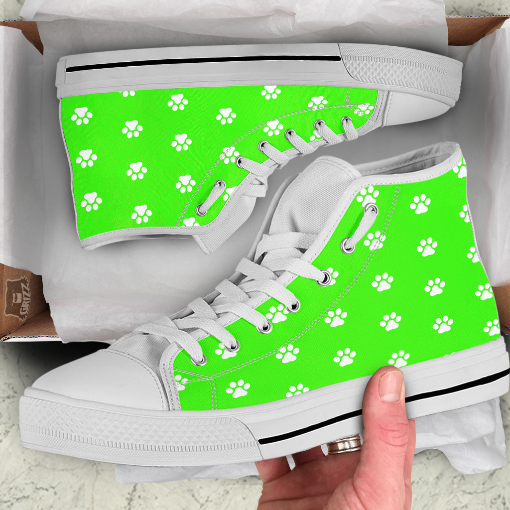 Green Neon Paw Print White High Top Shoes-grizzshop