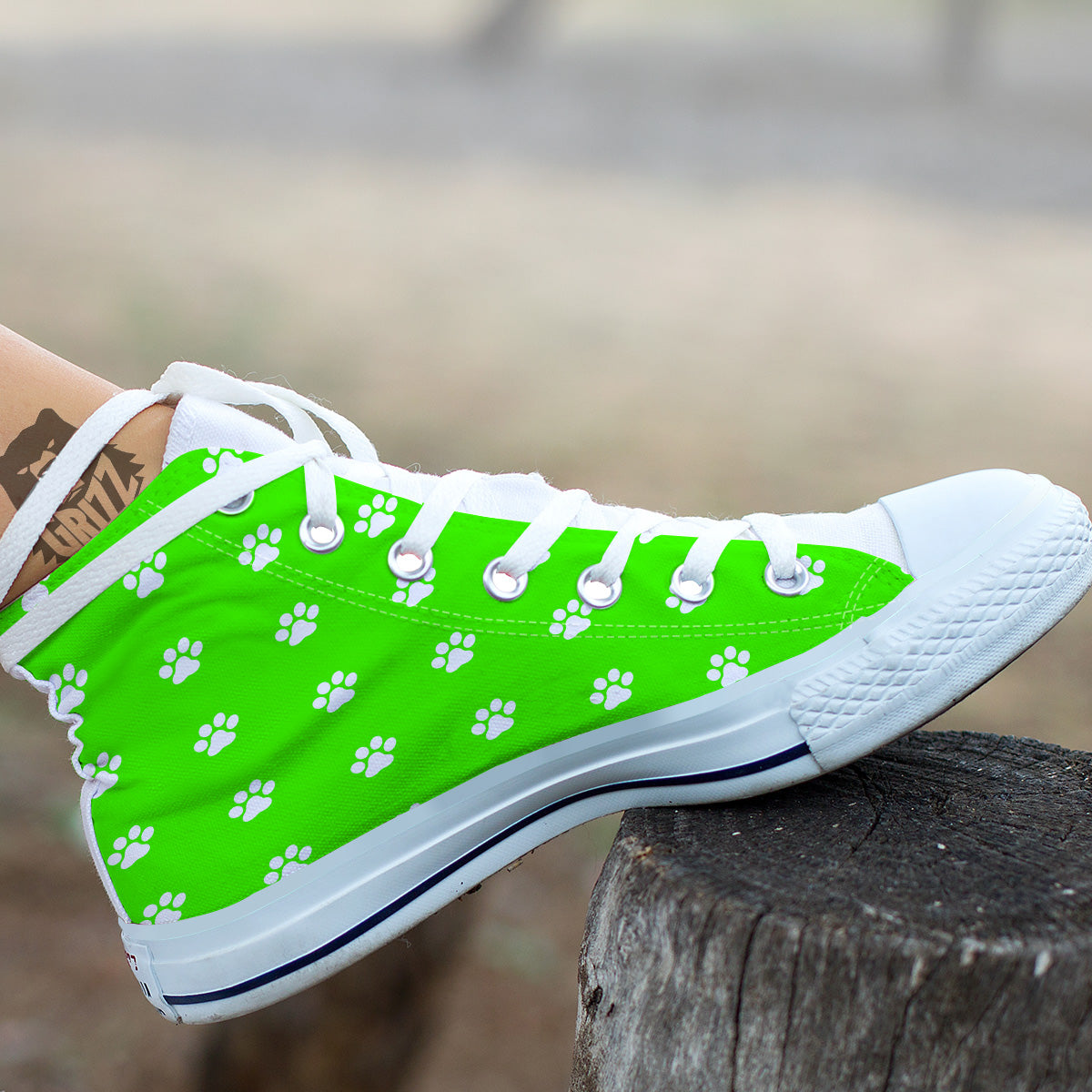 Green Neon Paw Print White High Top Shoes-grizzshop