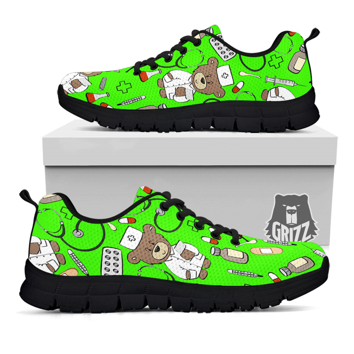 Green Neon Teddy Bear Nurse - Sneakers-grizzshop