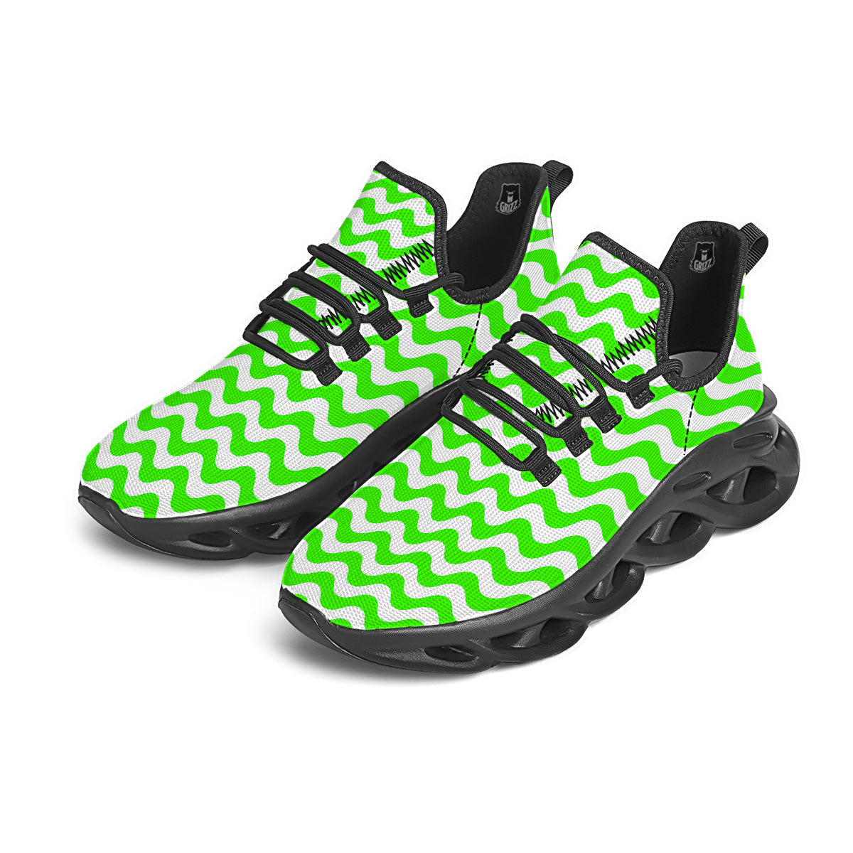Green Neon Wave Striped Print Black Running Shoes-grizzshop