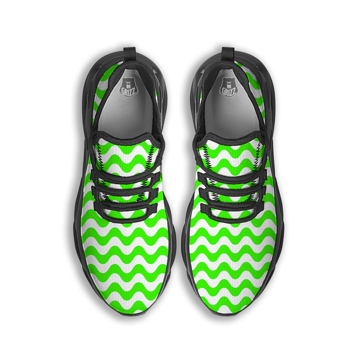 Green Neon Wave Striped Print Black Running Shoes-grizzshop