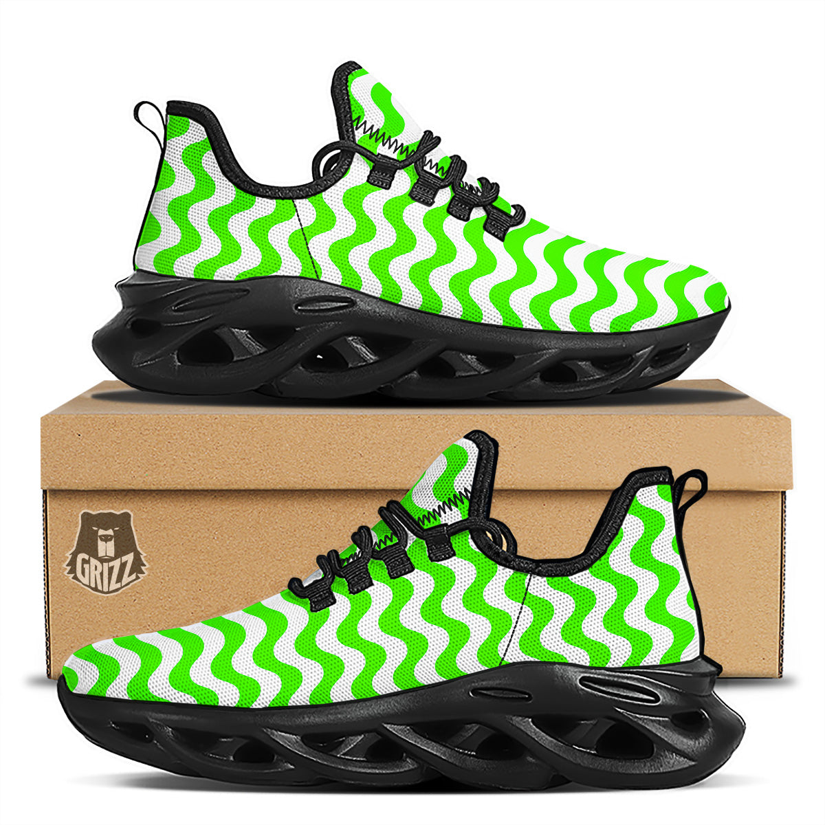 Green Neon Wave Striped Print Black Running Shoes-grizzshop