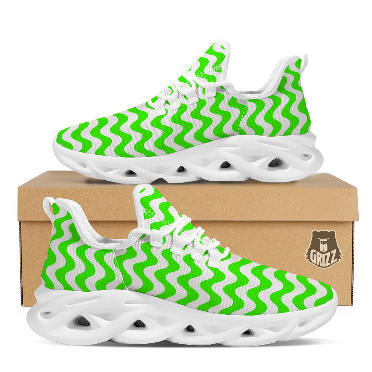 Green Neon Wave Striped Print White Running Shoes-grizzshop