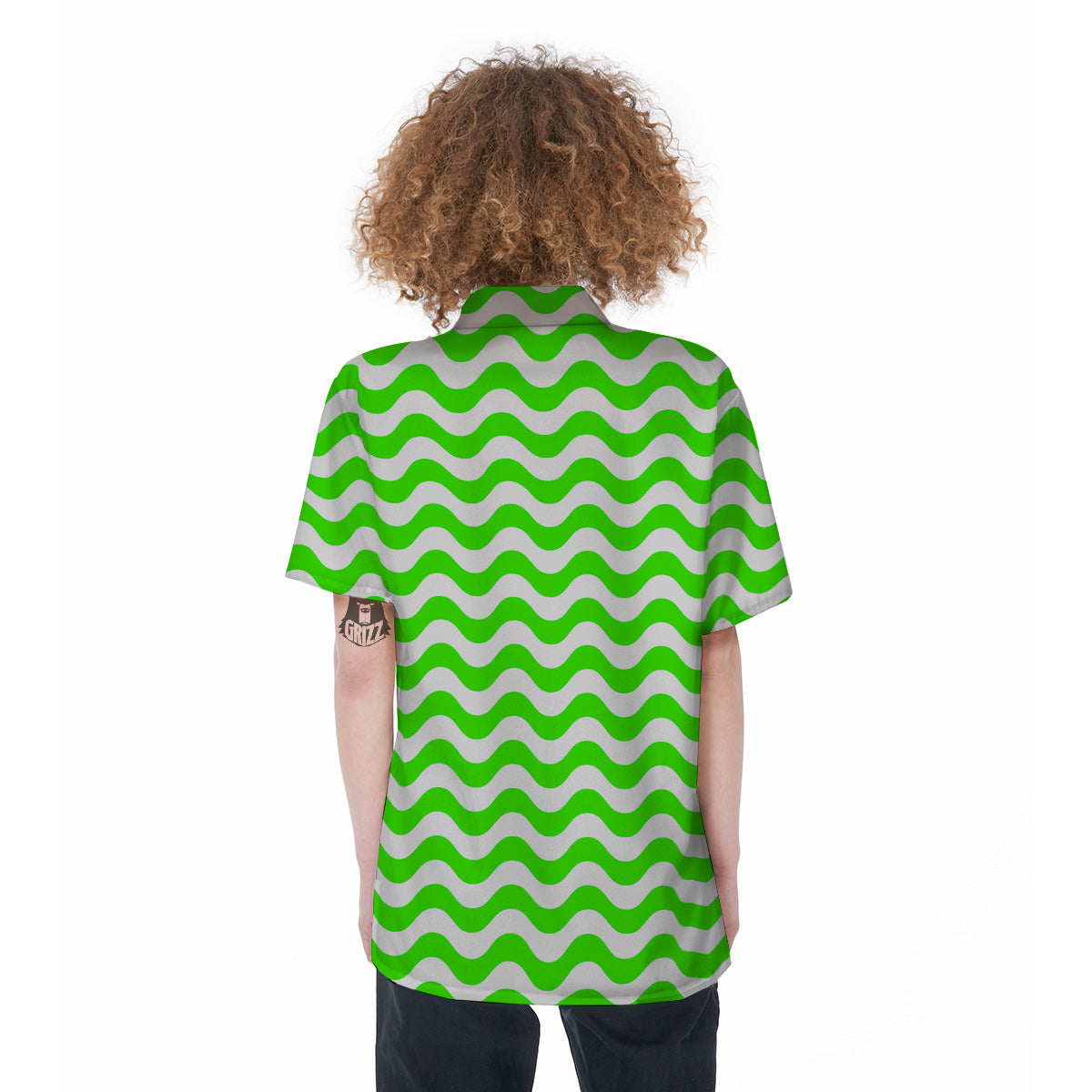 Green Neon Wave Striped Print Women's Short Sleeve Shirts-grizzshop