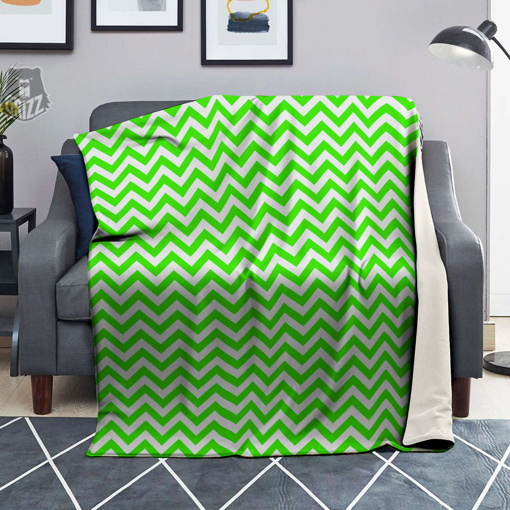 Green Neon Zigzag Print Pattern Blanket-grizzshop