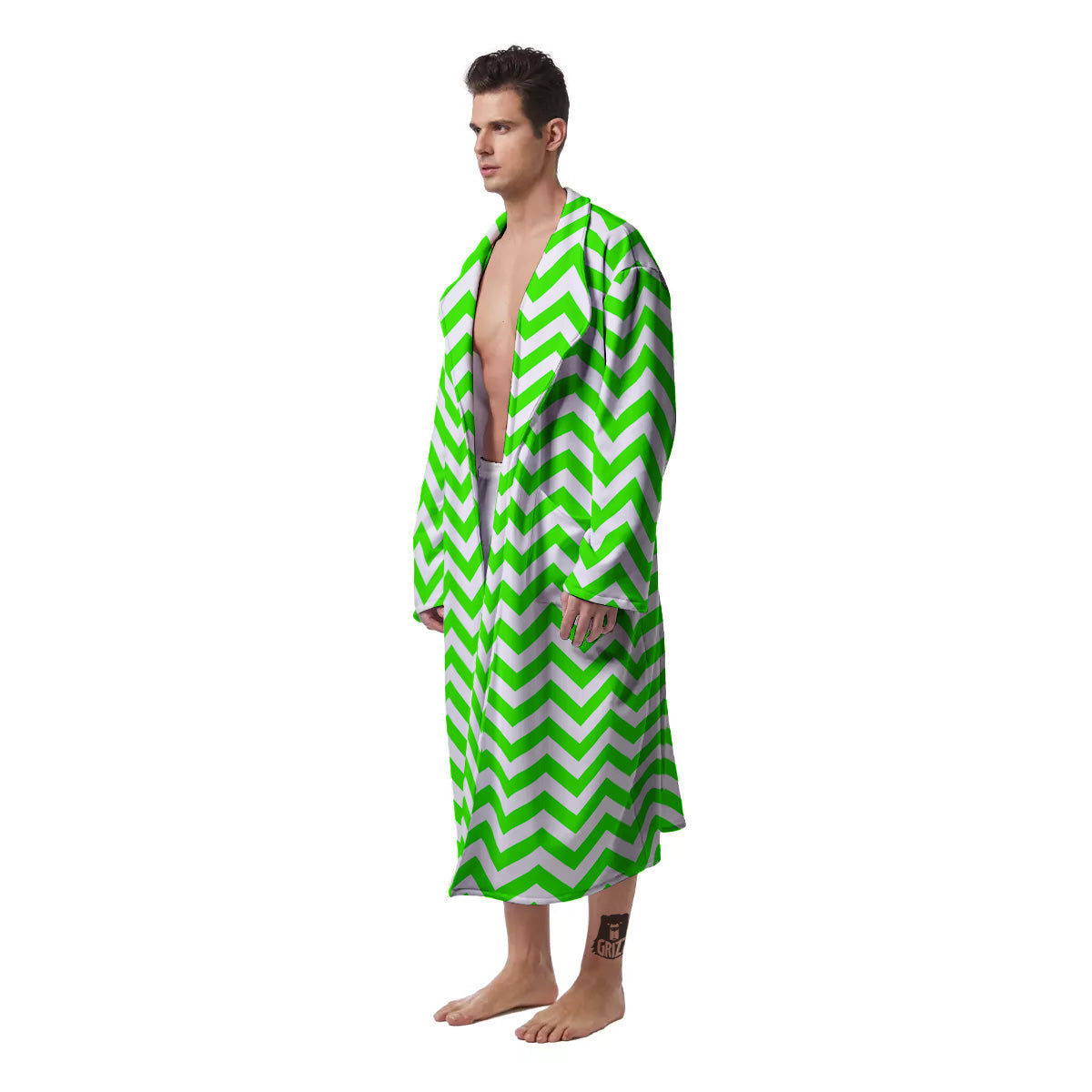 Green Neon Zigzag Print Pattern Men's Robe-grizzshop