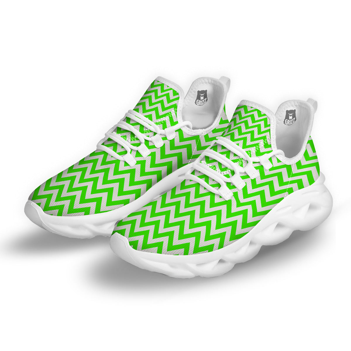 Green Neon Zigzag Print Pattern White Running Shoes-grizzshop