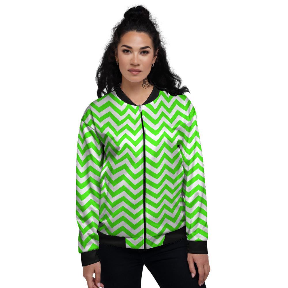 Green Neon Zigzag Print Pattern Women's Bomber Jacket-grizzshop