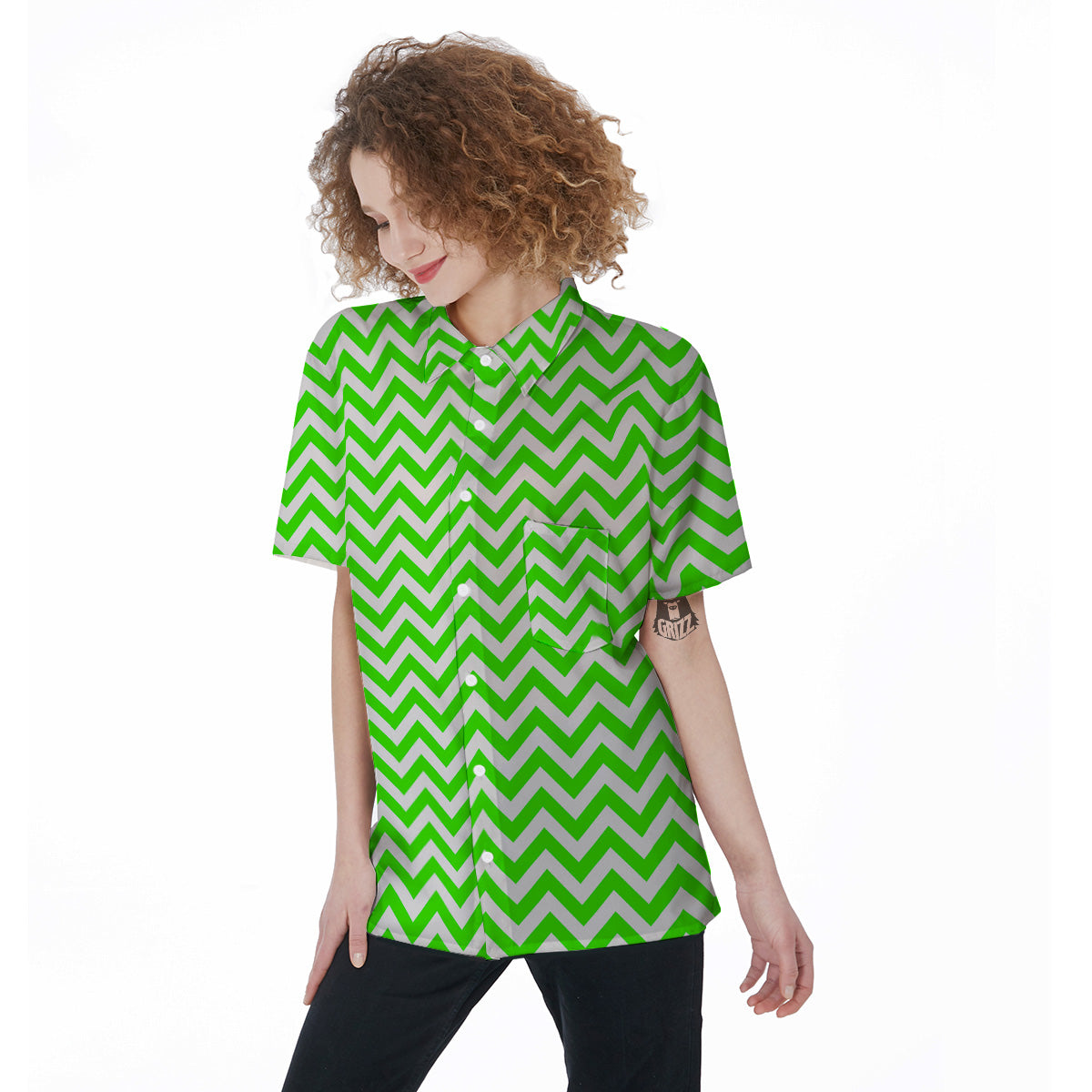 Green Neon Zigzag Print Pattern Women's Short Sleeve Shirts-grizzshop
