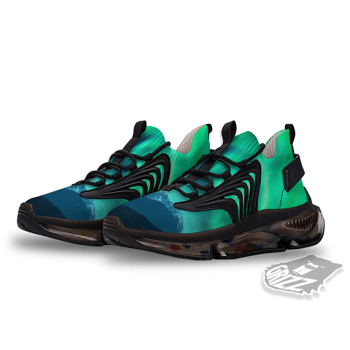Green Northern Lights And Snowy Mountains Print Black Gym Shoes-grizzshop
