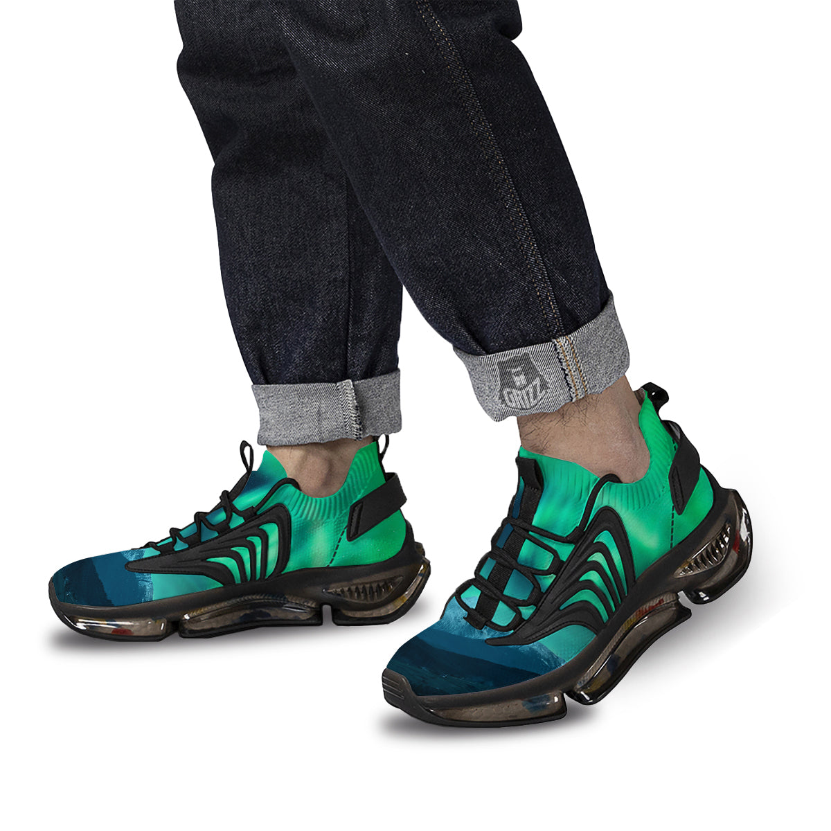 Green Northern Lights And Snowy Mountains Print Black Gym Shoes-grizzshop