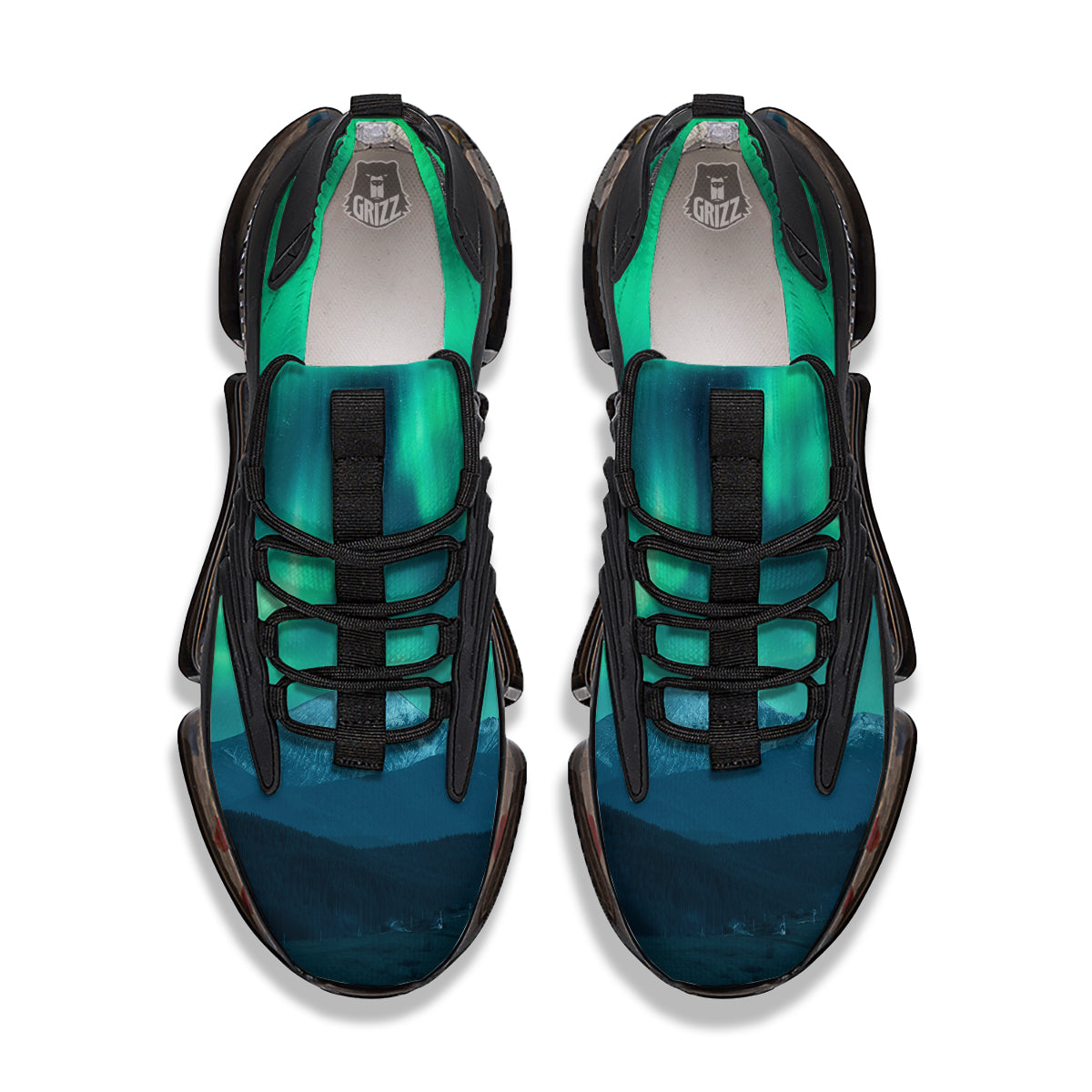 Green Northern Lights And Snowy Mountains Print Black Gym Shoes-grizzshop