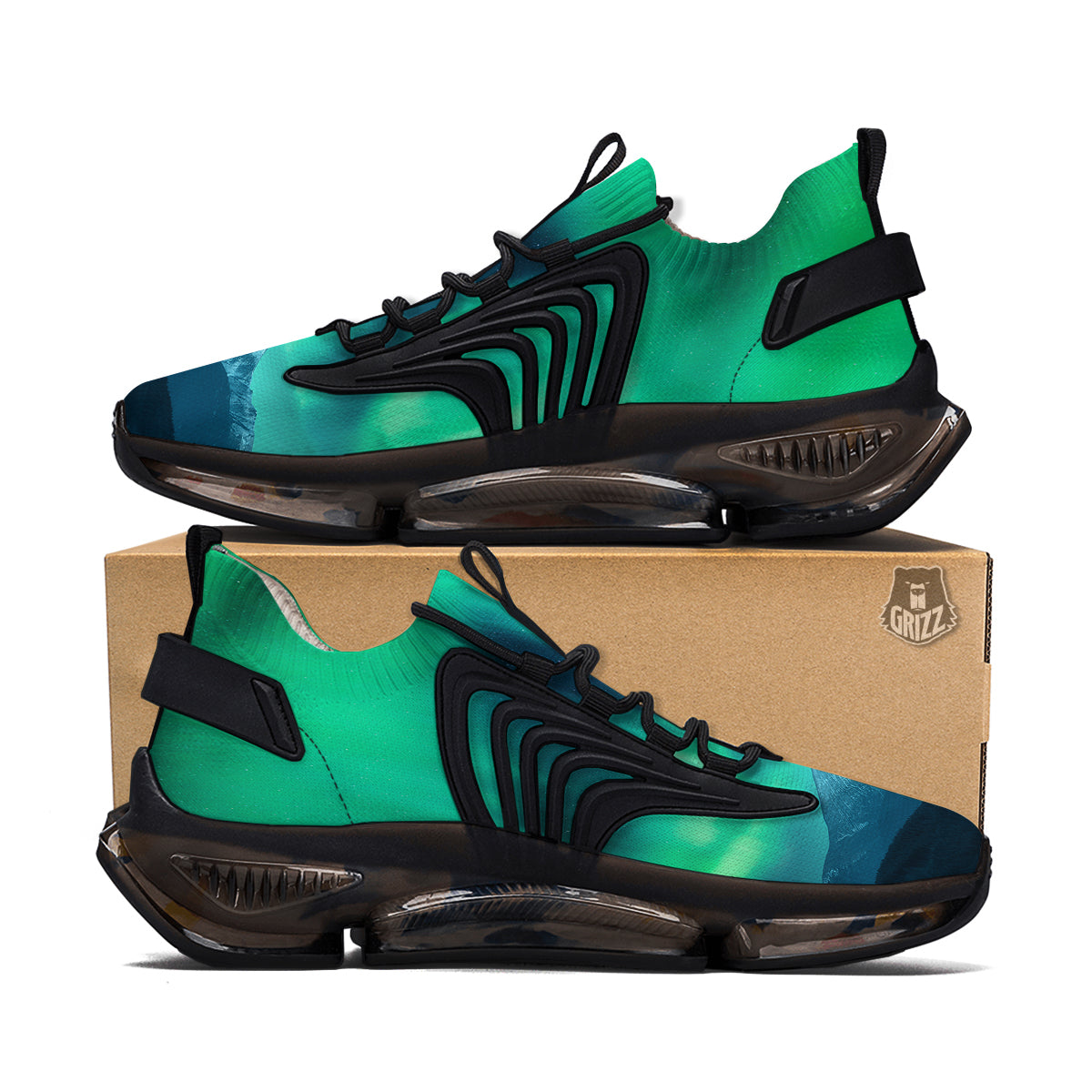 Green Northern Lights And Snowy Mountains Print Black Gym Shoes-grizzshop