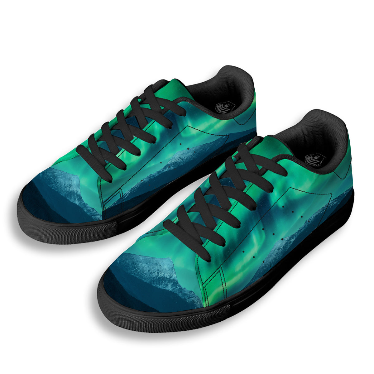 Green Northern Lights And Snowy Mountains Print Black Low Top Sneakers-grizzshop