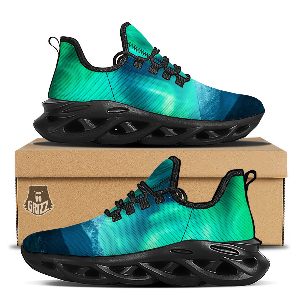 Green Northern Lights And Snowy Mountains Print Black Running Shoes-grizzshop