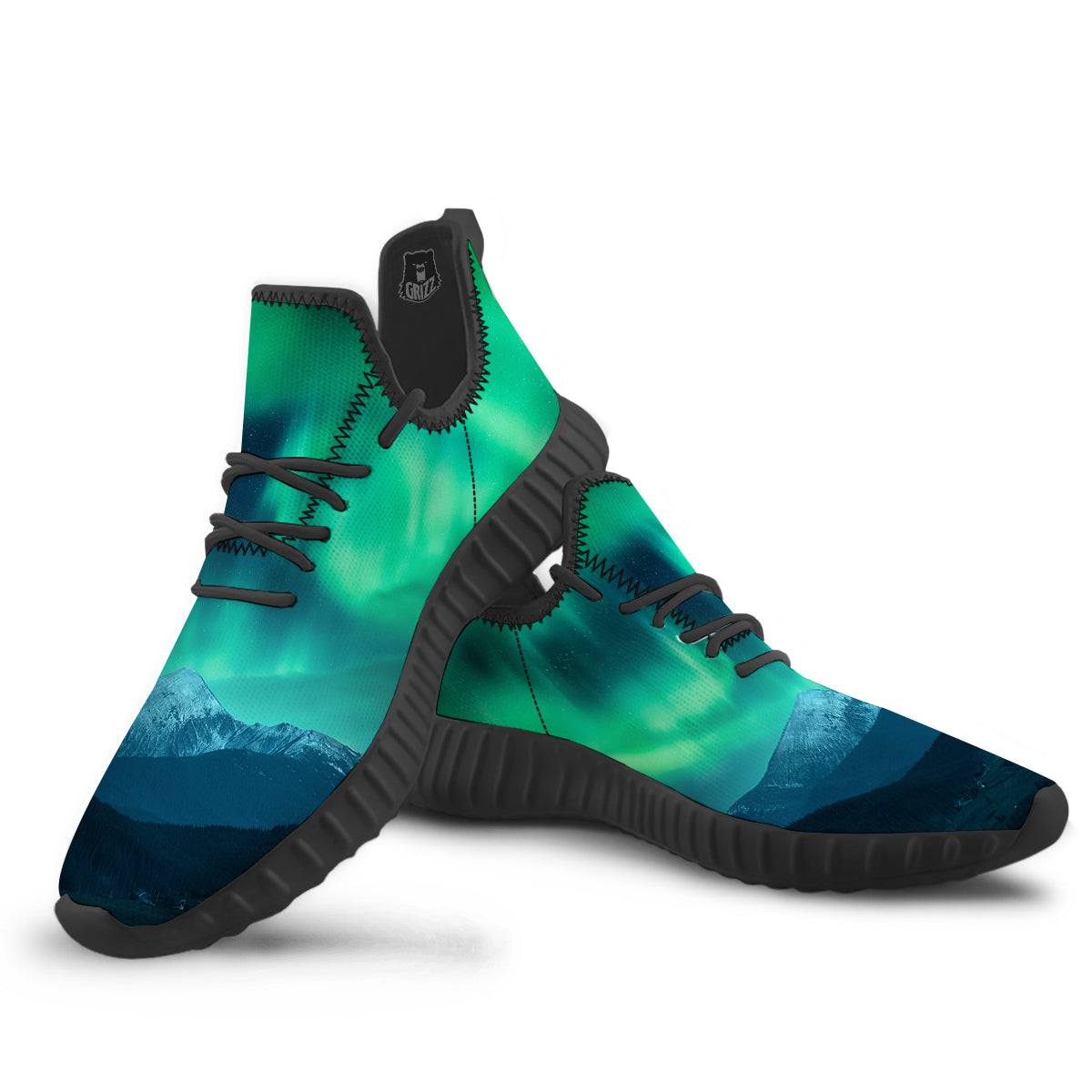 Green Northern Lights And Snowy Mountains Print Black Walking Shoes-grizzshop