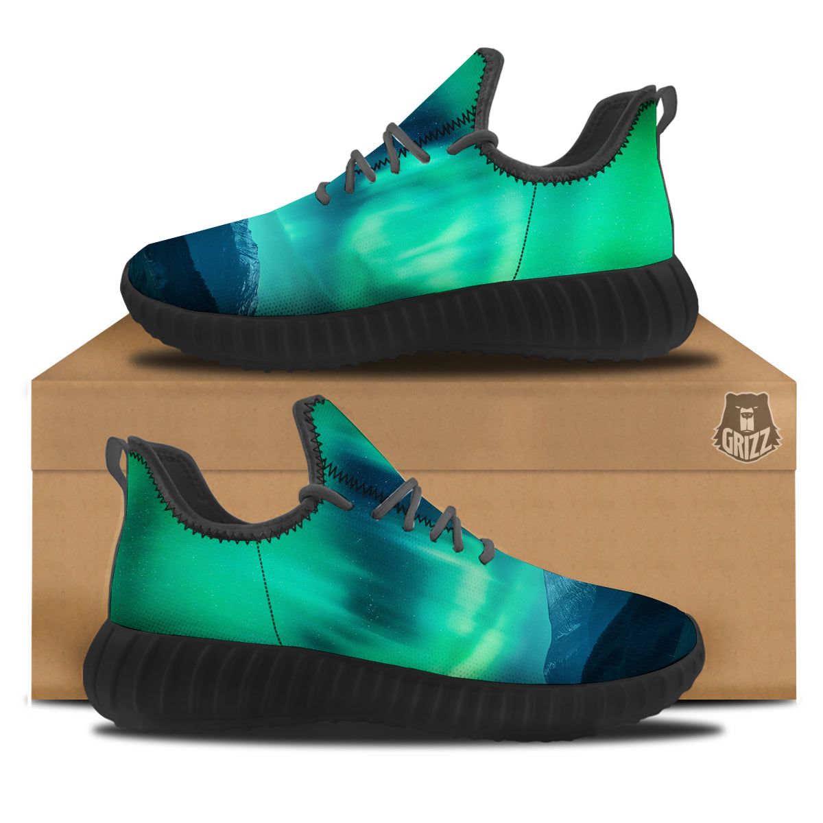 Green Northern Lights And Snowy Mountains Print Black Walking Shoes-grizzshop