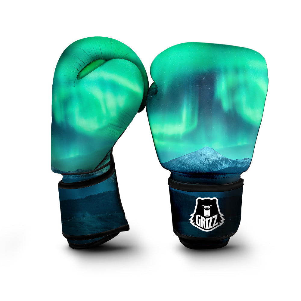 Green Northern Lights And Snowy Mountains Print Boxing Gloves-grizzshop