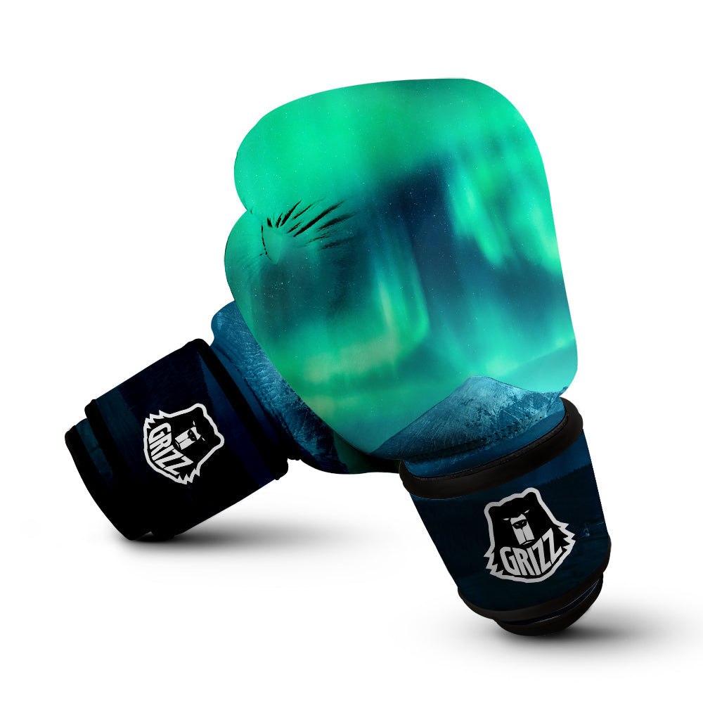 Green Northern Lights And Snowy Mountains Print Boxing Gloves-grizzshop