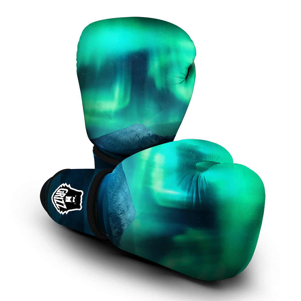 Green Northern Lights And Snowy Mountains Print Boxing Gloves-grizzshop