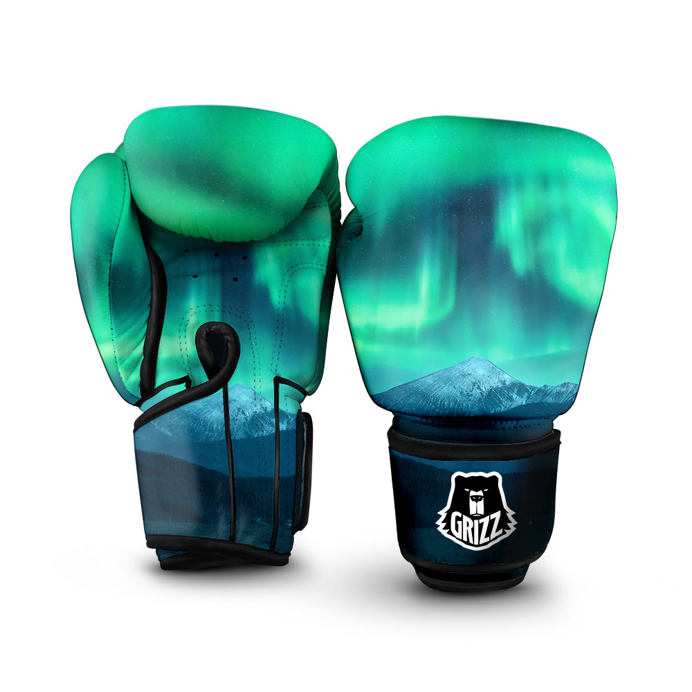 Green Northern Lights And Snowy Mountains Print Boxing Gloves-grizzshop