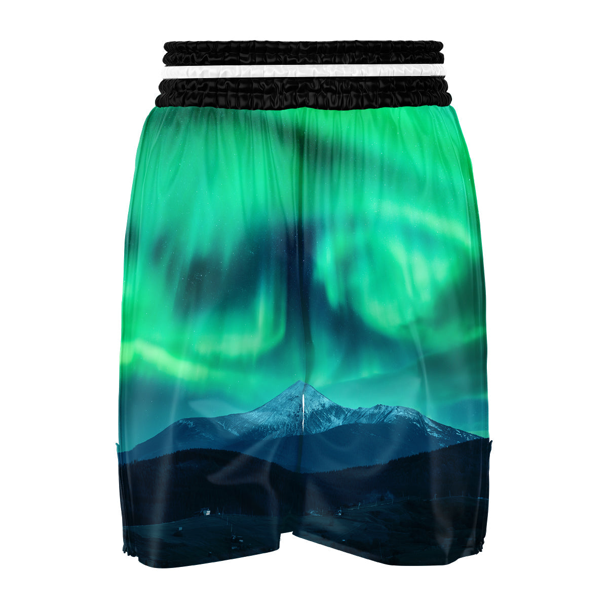 Green Northern Lights And Snowy Mountains Print Boxing Shorts-grizzshop