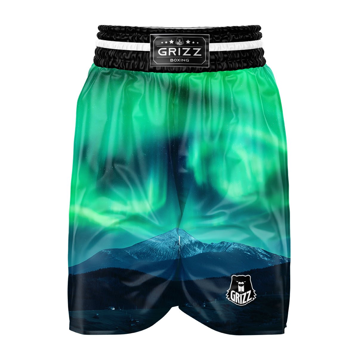 Green Northern Lights And Snowy Mountains Print Boxing Shorts-grizzshop