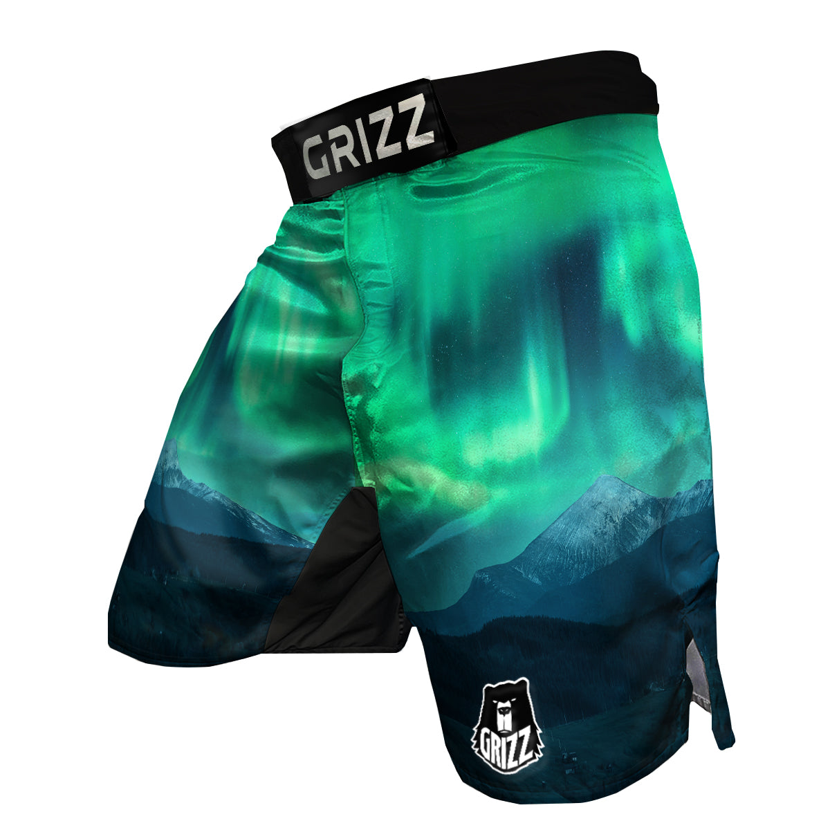 Green Northern Lights And Snowy Mountains Print MMA Shorts-grizzshop