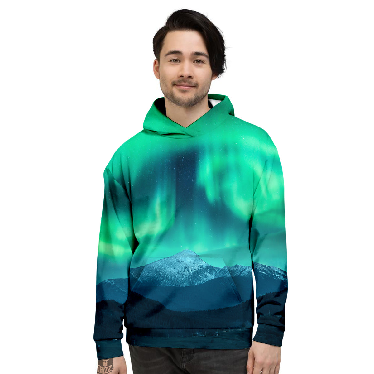 Green Northern Lights And Snowy Mountains Print Men's Hoodie-grizzshop