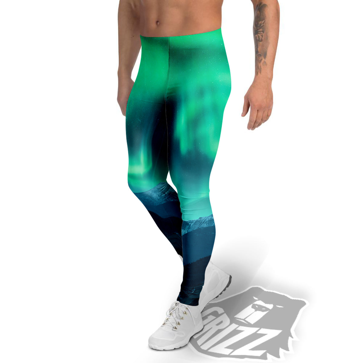 Green Northern Lights And Snowy Mountains Print Men's Leggings-grizzshop