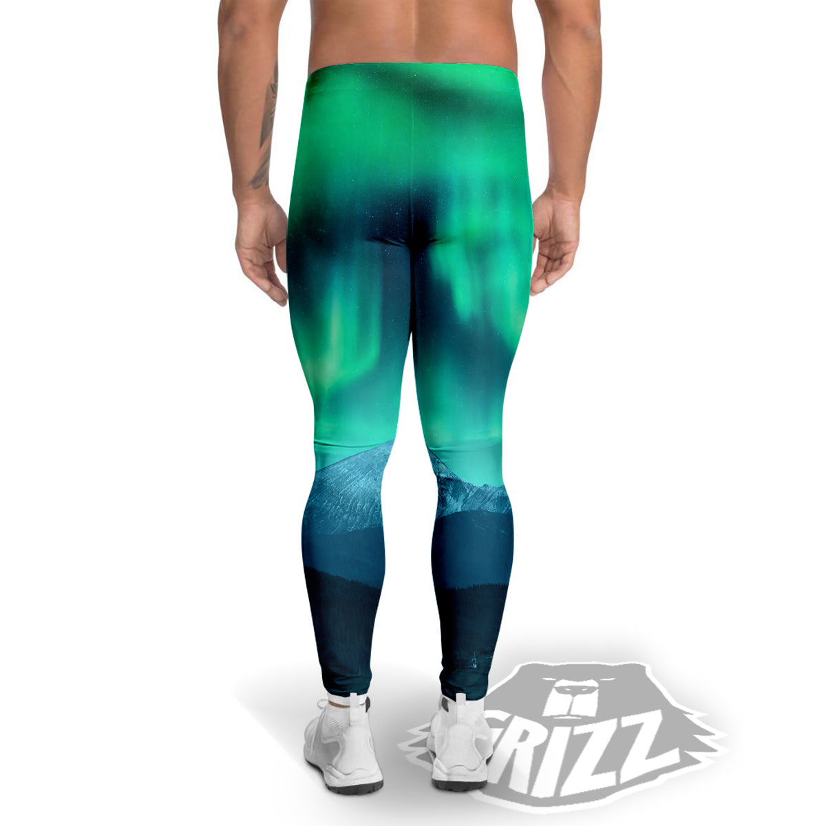 Green Northern Lights And Snowy Mountains Print Men's Leggings-grizzshop