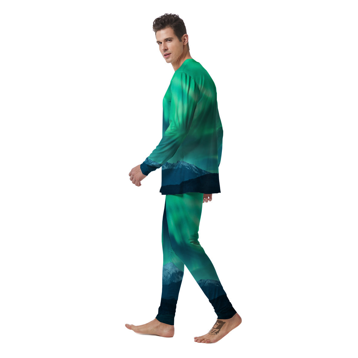 Green Northern Lights And Snowy Mountains Print Men's Pajamas-grizzshop