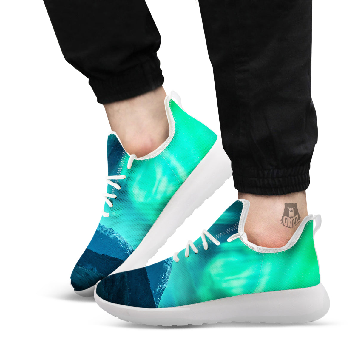 Green Northern Lights And Snowy Mountains Print White Athletic Shoes-grizzshop